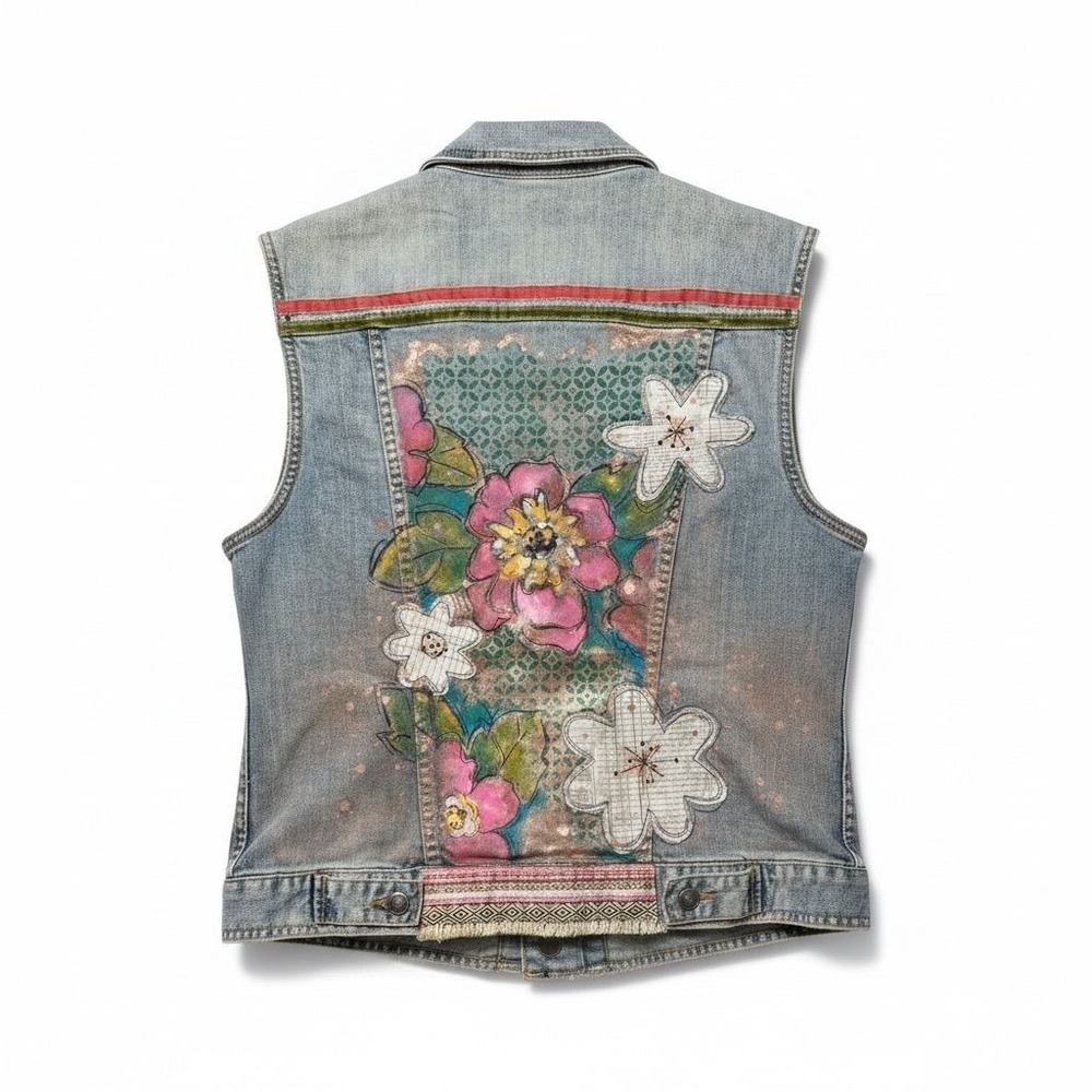 One of a Kind Custom Hand Painted Floral Denim Vest Light Wash Boho Mixed Media